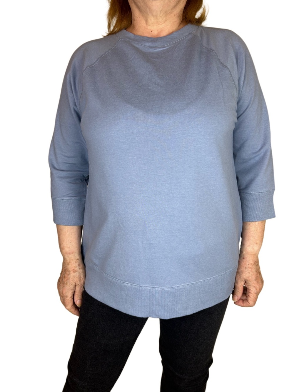 Matilda Jane Blue Sweatshirt M Cotton Floral Eyelet Back 3/4 Sleeve NEW